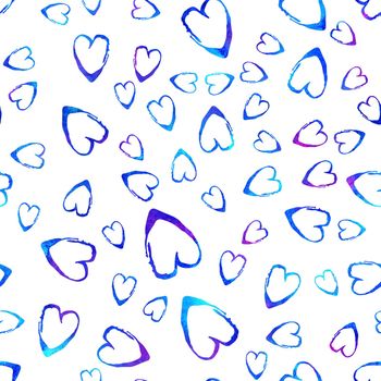 Watercolor Brush Heart Seamless Pattern Love Grange Hand Painted Design in Blue Color. Modern Grung Collage Background for kids fabric and textile.