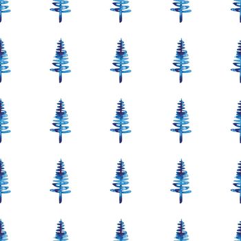 XMAS watercolor Fir Tree Seamless Pattern in Blue Color. Hand Painted Spruce Pine tree background or wallpaper for Ornament, Wrapping or Christmas Decoration.