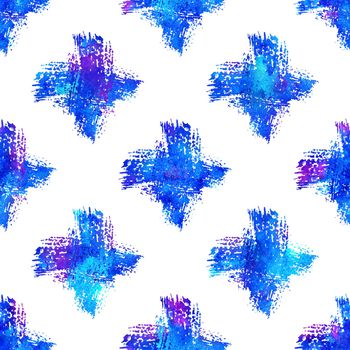 Watercolor Brush Cross Seamless Pattern Grange Geometric Design in Blue Color. Modern Grung Collage Background.