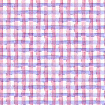 Watercolor Pink Blue Check Geometric Seamless Pattern Background. Plaid in Watercolour Color. Hand Painted Simple Design with Stripes