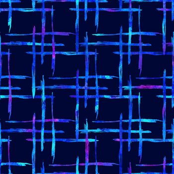 Watercolor Brush Plaid Seamless Pattern Hand Painted Check Grange Geometric Design in Blue Color. Modern Strokes and Stripes.