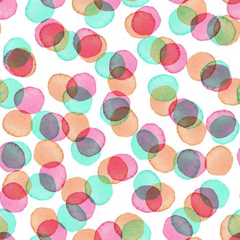 Hand Painted Polka Dot Seamless Watercolor Pattern. Circle Abstract watercolour shapes in Pink and Blue Color. Round Artistic Design for Fabric and Background.