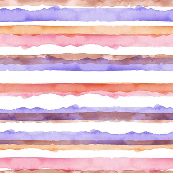 Watercolor Abstract Orange Pink Blue Stripes Background. Cool Seamless Pattern for Fabric Textile and Paper. Simple Hand Painted Stripe.