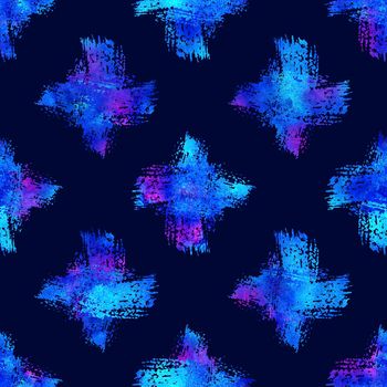 Watercolor Brush Cross Seamless Pattern Grange Geometric Design in Blue Color. Modern Grung Collage on Dark Blue BackgroundBackground.