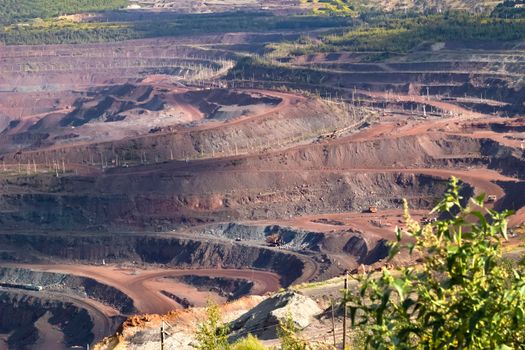 Panorama of working mine for extraction of iron ore, top view. Mineral deposit.