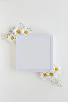 top view blank frame decorated with white daisy flowers white backdrop. Beautiful photo