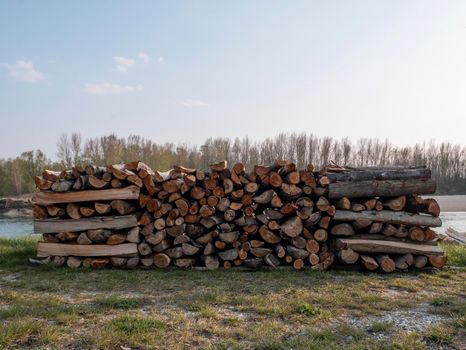 Saw logs stacked a meter high. Prepared for drying and choping. Firewood.