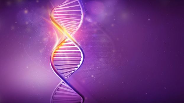 Vertical model of double helix DNA with a golden glow on a violet background. 3D render.