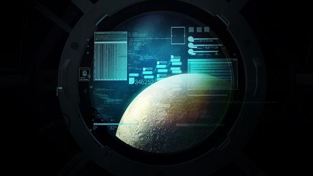 Against the background of the moon in the window, infographics of spacecraft flight calculations.