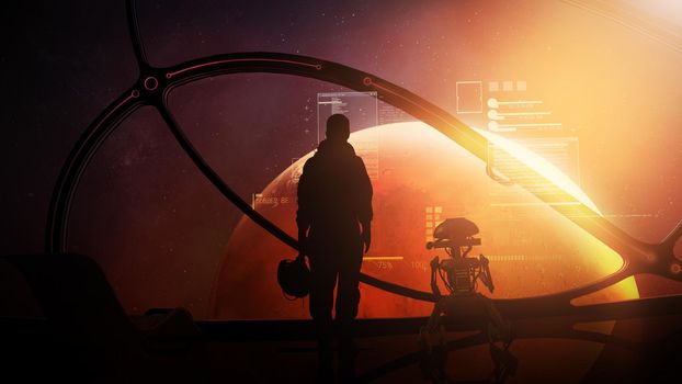 Silhouettes of an astronaut and a droid in front of virtual data at the porthole of a fantastic spacecraft flying to Mars.
