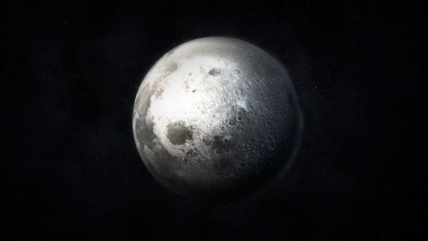 View of the realistic moon in dark gray colors against the background of outer space.