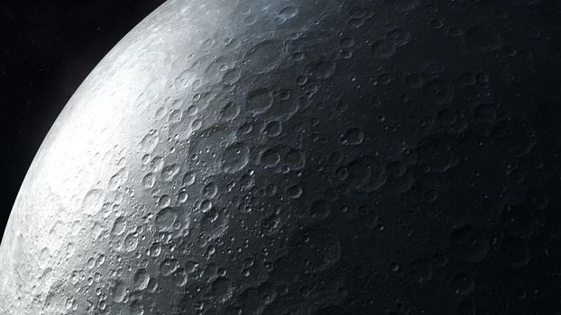 Close up view of the surface of the moon in dark gray colors.