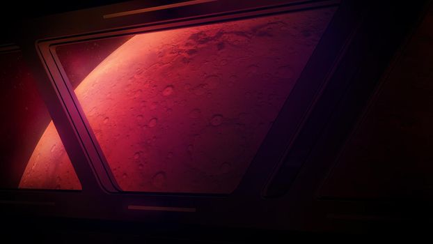 Planet Mars is visible in the windows of a passing spaceship.