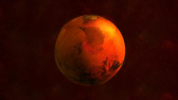 Realistic Mars from space showing Mare Acidalium. The planet is half illuminated by the sun.
