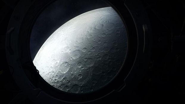 The moon is visible from a spaceship approaching it.