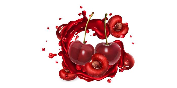 Whole and sliced cherries in fruit juice splashes on a white background. Realistic style illustration.