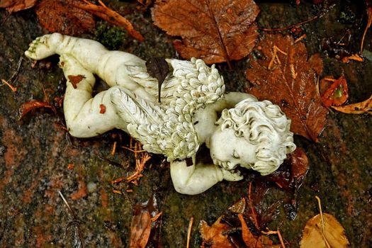 sweet angel figure on a grave in autumn with fallen leaves