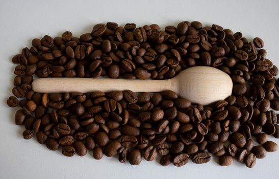 Aromatic coffee beans in a wooden spoon, for the production of delicious coffee. Whole roasted coffee beans for grinding.