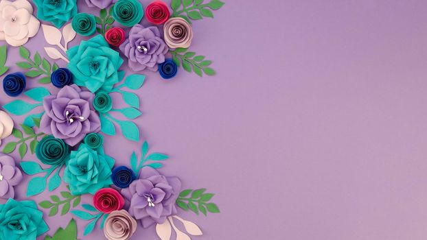 assortment with floral frame purple background. High resolution photo