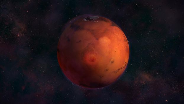 Realistic Mars from space showing Nix Olympica. Red planet in the starry sky.