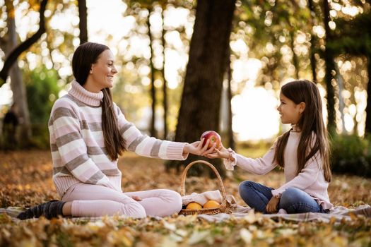 Mother and daughter having picnic in park in autumn.