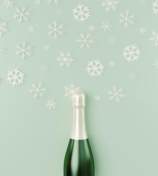 Merry Christmas and Happy New Year, Champagne bottle with white snowflakes on green pastel background, Minimal decorated Christmas, Winter snow party holiday season, 3D rendering illustration