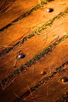 Image of Wood planks with studs and grass growing through the cracks and pine needles on top