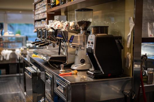 terni,italy october 08 2021:coffee counter with espresso machine