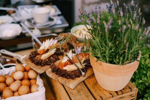 Close-up of a lavender flower in a flowerpot on a wooden crate with meat and cheese cuts on a plank and raw chicken eggs. High quality photo