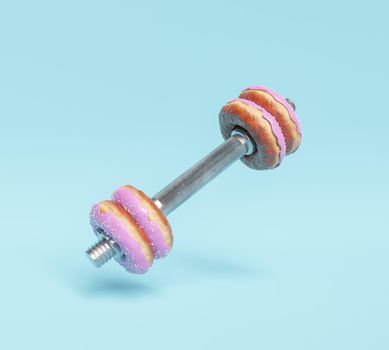 dumbbell of pink chocolate donuts floating on blue background. concept of diet, exercise and healthy living. 3d rendering