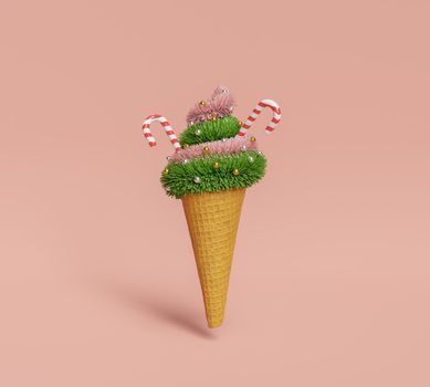 cookie ice cream with garland and christmas decorations. minimalist christmas concept. 3d rendering