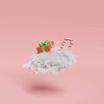 gift with a christmas candy on a cloud floating on a red background. 3d rendering