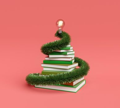 book pyramid with spiral garland and a light bulb on top. concept of learning, school and education at christmas. 3d rendering