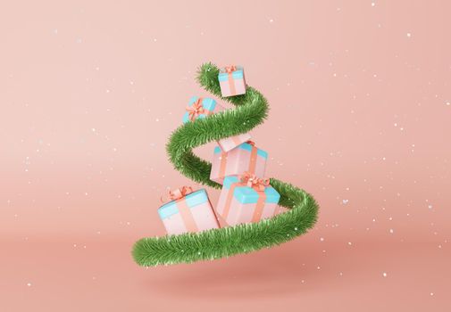 Christmas garland spiral with gifts inside and falling snowflakes. 3d rendering