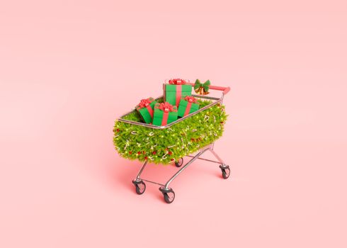 shopping cart with gifts and christmas ornaments. 3d rendering