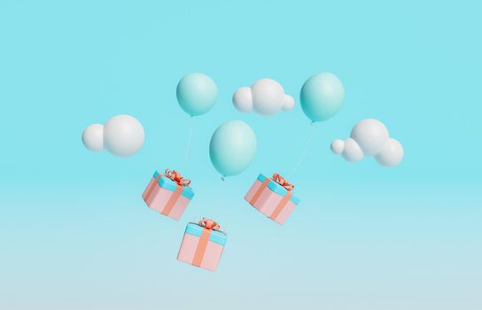 gifts flying with tied balloons and clouds around. 3d rendering