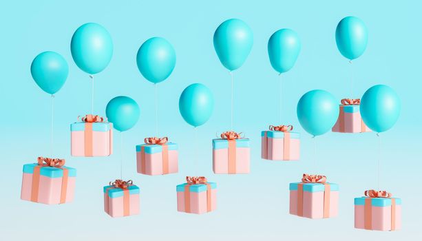 floating gifts with tied balloons on blue gradient background. 3d rendering