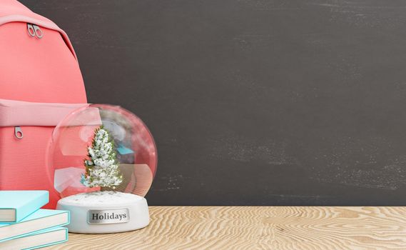 teacher's table with blackboard background, christmas ball, backpack and books. copy space, education concept, christmas vacations and studio. 3d rendering