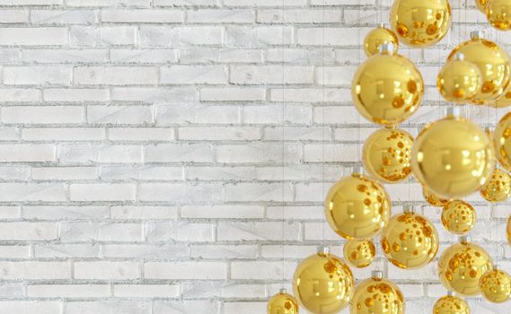 golden christmas balls hung in front of a white brick wall with copy space. 3d rendering