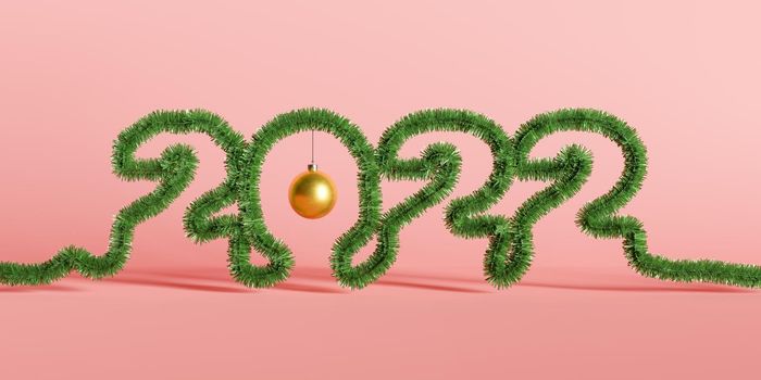 new year 2022 sign with garland on red background and a christmas ball. 3d rendering