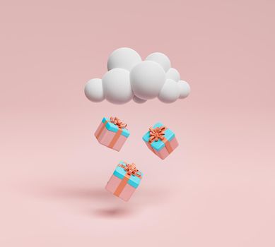 gifts falling from a cloud on a red background. 3d rendering