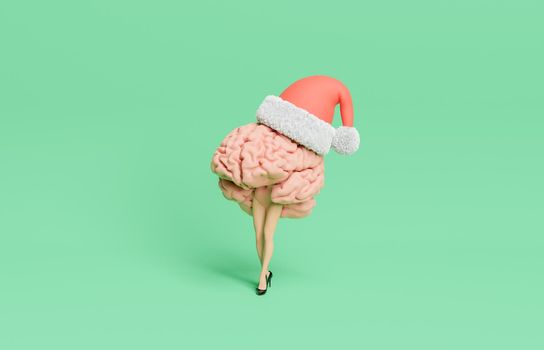 brain with stylized legs, heels and christmas hat. minimalistic concept. 3d rendering