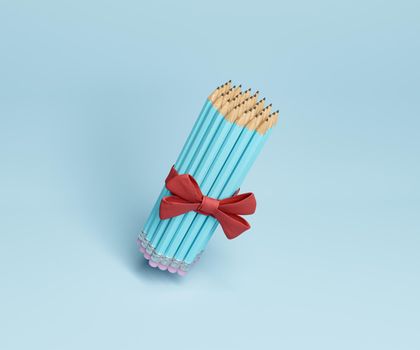 pencils tied with a decorative ribbon and floating on blue background. gift concept, art, culture and education. 3d rendering