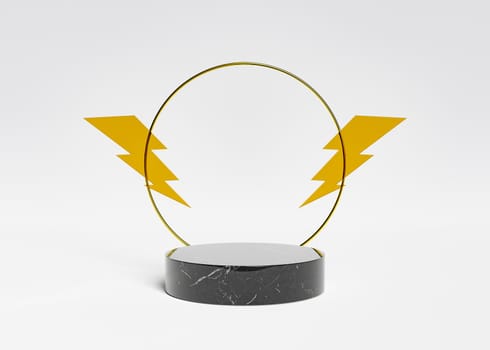 marble product stand with golden ring and glass lightnings on the sides on a white background. 3d rendering