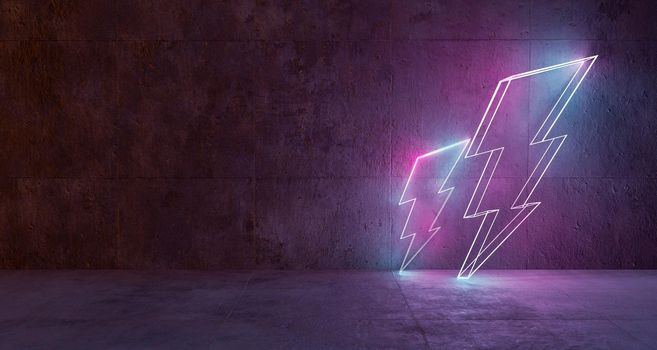 neon lightning supported on a concrete wall with space for text. 3d rendering