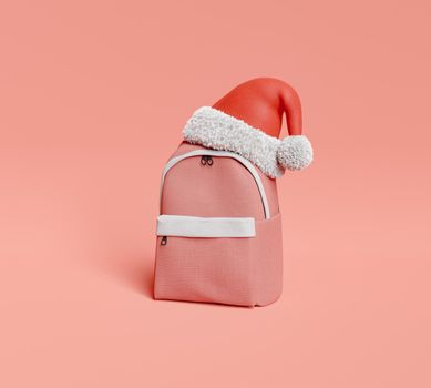 backpack with christmas hat on top. red monochromatic scene. minimalistic concept of education, Christmas and vacations. 3d rendering
