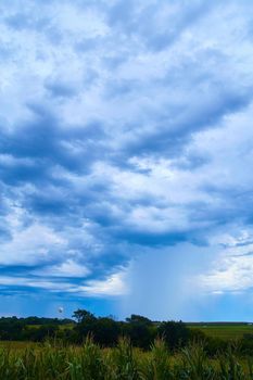 Image of Corn fields and water tower in dark ominous clouds