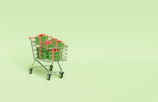 shopping cart full of gifts with christmas colors and copy space. 3d rendering