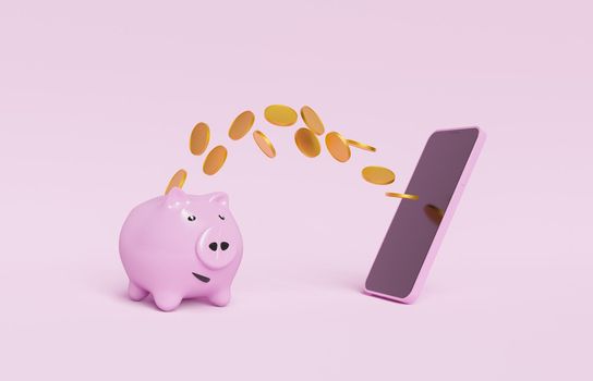 piggy bank with coins flying towards a mobile phone. online saving concept. 3d rendering