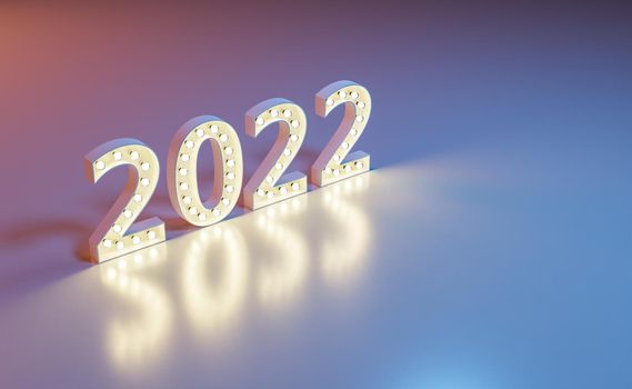 New year 2022 sign with lights bulbs and reflections on the ground. 3d rendering